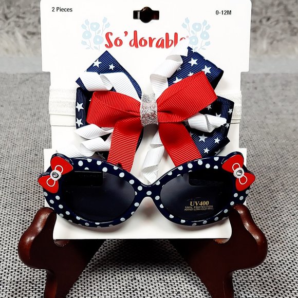 NWT 0-12M GIRL'S PATRIOTIC SUNGLASSES & MATCHING BOW - Picture 3 of 8